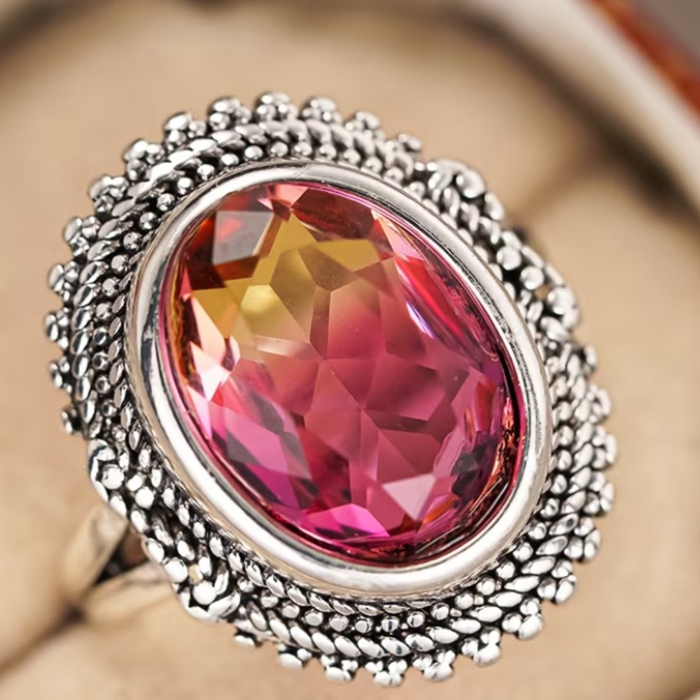 Silver Ring with Pink-Orange Faceted Oval Stone - Women Jewelry